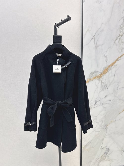 Hermes High-end Stand-up Collar Mid-length Coat with Lace Embroidery and Luxurious Appeal
