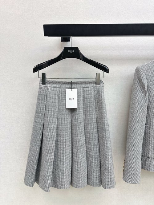 Celine College Style Gray Houndstooth Wool Pleated High-Waist Skirt