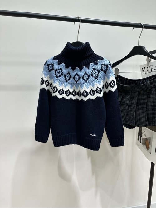 Prada Navy Geometric High-Neck Sweater, Soft Fashionable