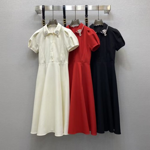 Dior Three-color Satin Dress with Collar Diamonds