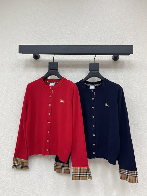 Burberry Round Neck Knit Cardigan with Checkered Cuffs and Horse Embroider