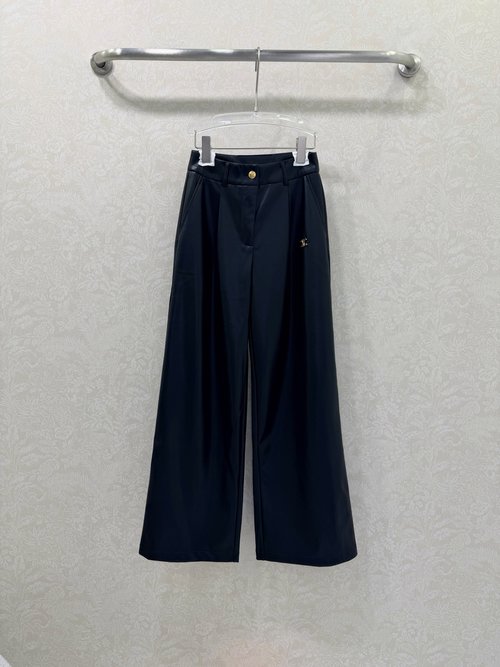 Celine High-Waisted Straight Leather Pants with Logo Ornament
