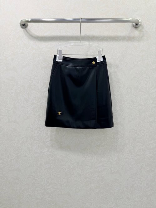 Celine Simulated Leather Skirt with Logo Decoration