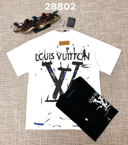 Louis Vuitton Black and White Cotton Print Plain Weave T-Shirt