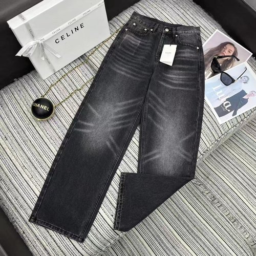 Celine Denim Straight-Leg Pants with Letter Leather Patch