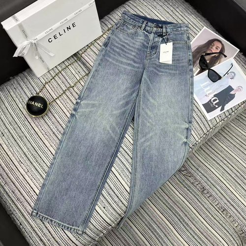 Celine Denim Straight-Leg Pants with Letter Leather Patch