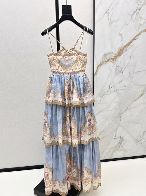 Zimmermann Vacation-Inspired Long Sling Dress in Silk-Linen Blend with Elegant Print