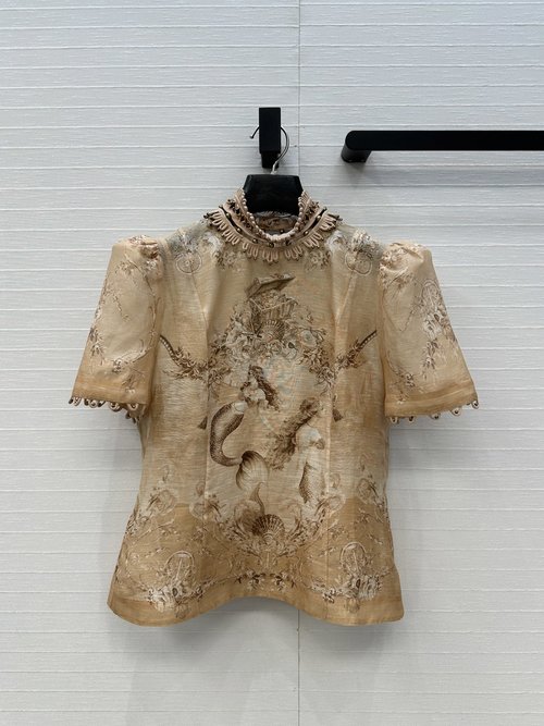 Zimmermann Mermaid Print French Lace Camisole Short-Sleeved Shirt