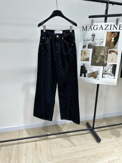 Miu Miu High - Waist Gray - Black Denim Wide - Leg Pants with Brand Monogram