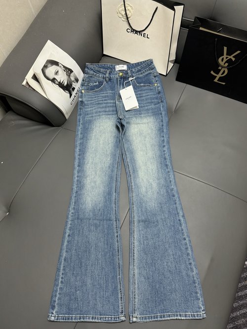 Celine Pocket Embroidery Logo Elastic Flare Jeans
