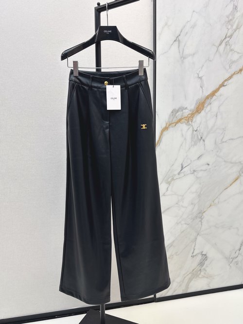 Celine Logo Wide-Leg Leather Pants, Comfortable and Stylish