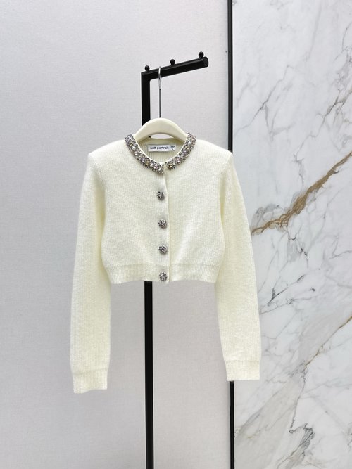 Self-Portrai Elegant Rhinestone-Trimmed Short Knitted Cardigan, Timeless Style