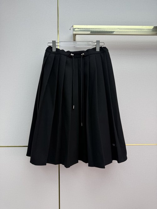 Prada Drawstring Waist Pleated A - Line Skirt with Leather Label