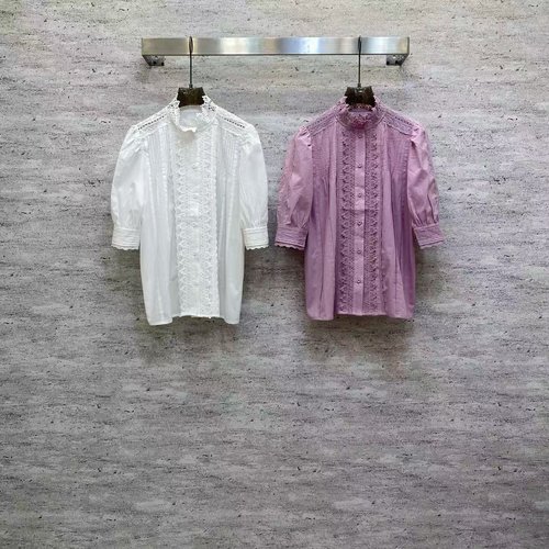 Valentino Exquisite Embroidered Cotton Top with Lace & Puff Sleeves, White & Purple