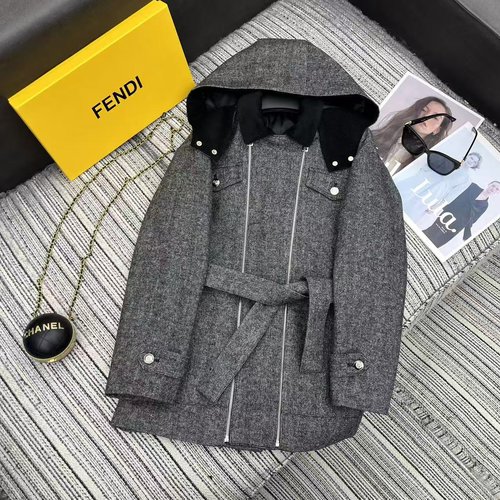 Fendi Herringbone Mid - Length Coat with Black Corduroy