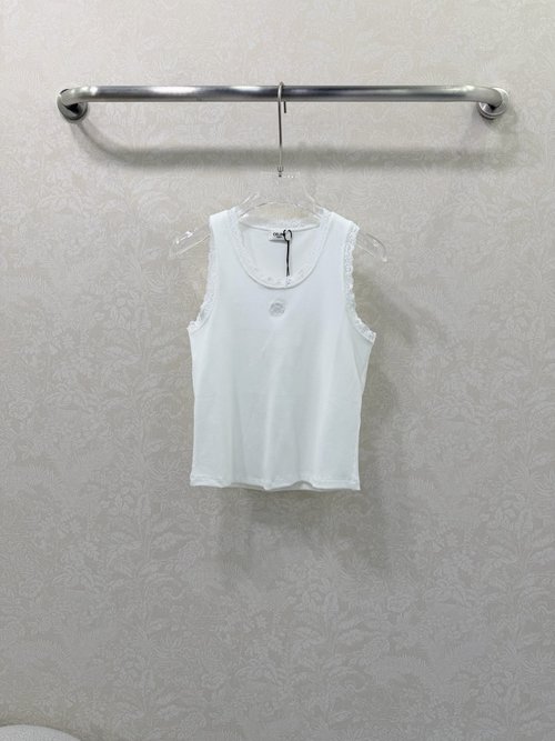 Celine Chic Lace-Trimmed Knit Vest with Arc de Triomphe Embroidery