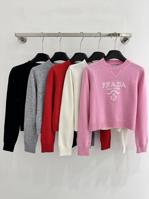 Prada Stylish Short Round Neck Sweater with Brand Badge and Jacquard Lettering