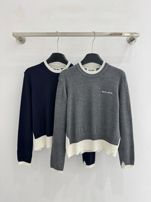 Miu Miu Color-Blocked Knitted Sweater with White Ribbed Edges