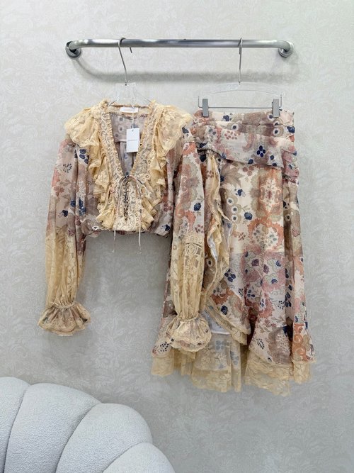 Zimmermann V-Neck Lace Top and Irregular Skirt Set with Custom Lace
