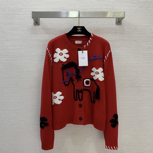 Celine Red Knit Open-front Top with Pony Embroidery