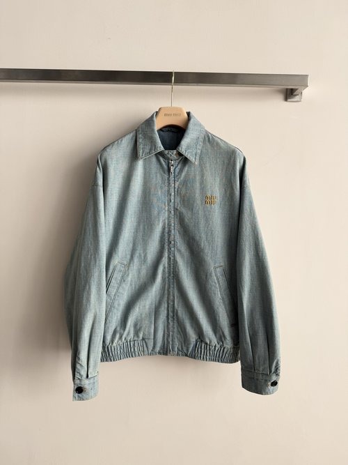 Miu Miu Vintage Wash Denim Jacket with Golden Brand Embroidery, Timeless
