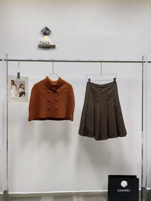 Hermes Double-Breasted Knit Cape and Pleated Skirt Ensemble