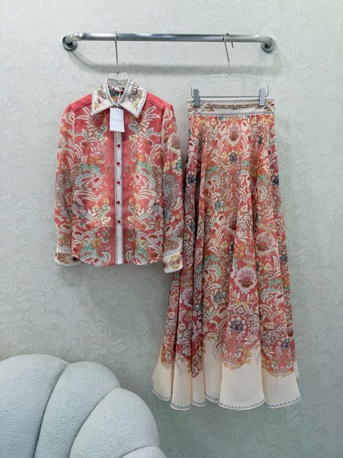 Zimmermann Flower-Print Shirt and Maxi Skirt Ensemble with Retro Aesthetic
