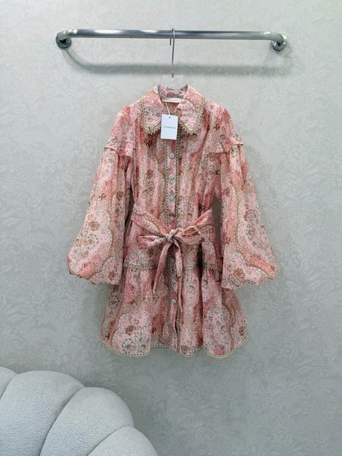 Zimmermann Lace-Trimmed Dress with Lantern Sleeves and Diamond Buttons Adornment