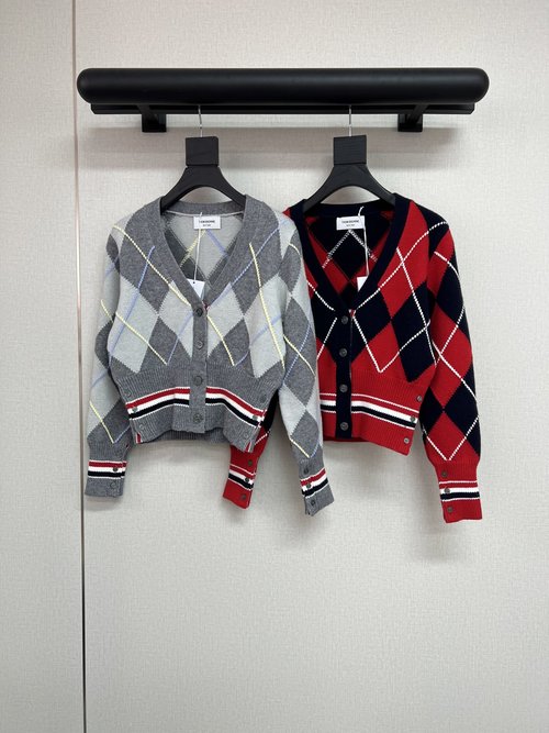 Thom Browne British Style Wool Blend Cardigan with Color Block and Cords