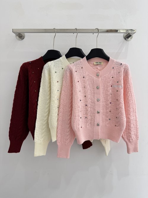Miu Miu Colorful Beaded Knit Cardigan with Heart Buttons