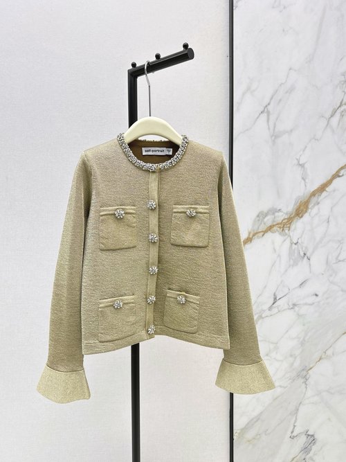 Self-Portrai Gilded Knit Cardigan with Rhinestone Collar and Four Pockets for Formal Wear