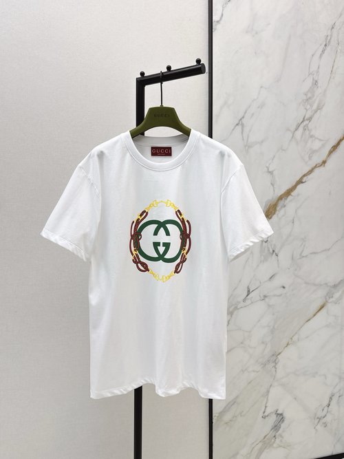 Gucci Classic Grey and White Double-G Print Short-Sleeve T-Shirt with Retro Chain Pattern