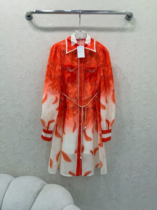 Zimmermann Printed Dress with Ruffled Sleeves and Pearl Chain Belt Detail