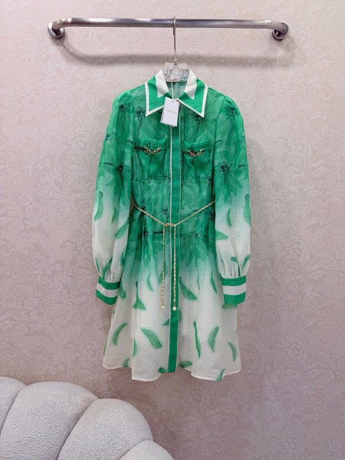 Zimmermann Positioned Floral Ruffled Long-Sleeve Dress with Pearl Chain Waistband Embellishment