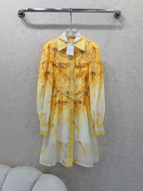 Zimmermann Positioned Floral Ruffled Long-Sleeve Dress with Pearl Chain Waistband Embellishment