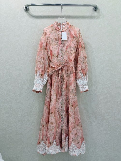 Zimmermann Stand Collar Single-Row Multi-Treasure Button Skirt with Lace Trim