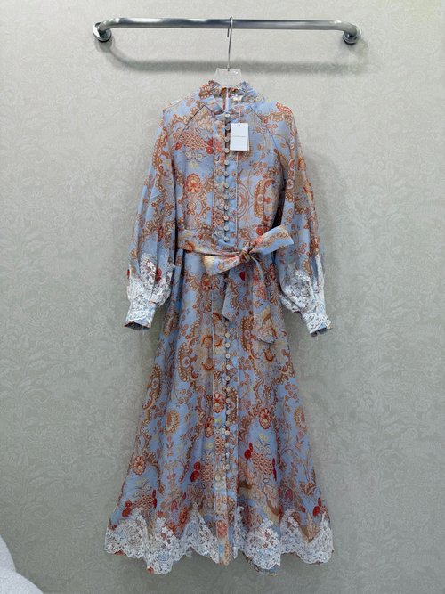 Zimmermann Stand Collar Single-Row Multi-Treasure Button Skirt with Lace Trim