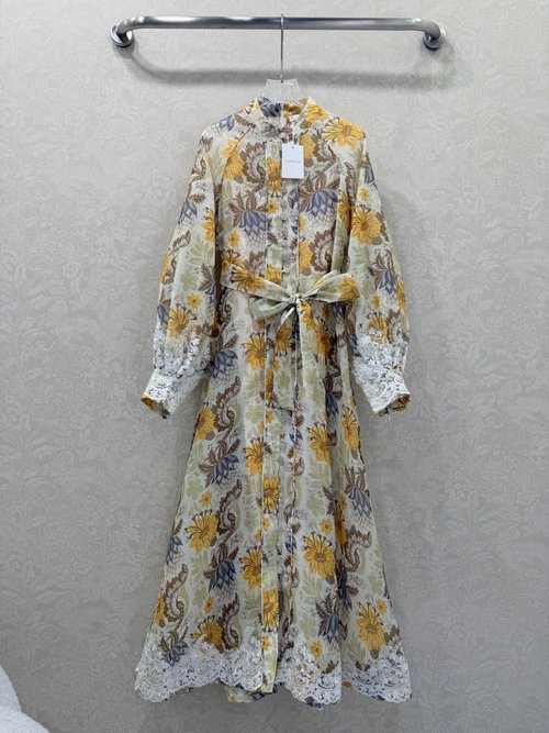 Zimmermann Stand Collar Single-Row Multi-Treasure Button Skirt with Lace Trim