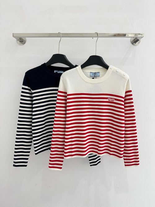 Prada Contrast Stripe Knitwear with Diagonal Buttons Round Collar
