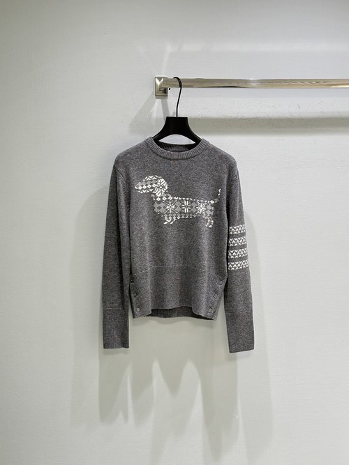 Thom Browne Holiday-Themed Wool Sweater with Dachshund Pattern