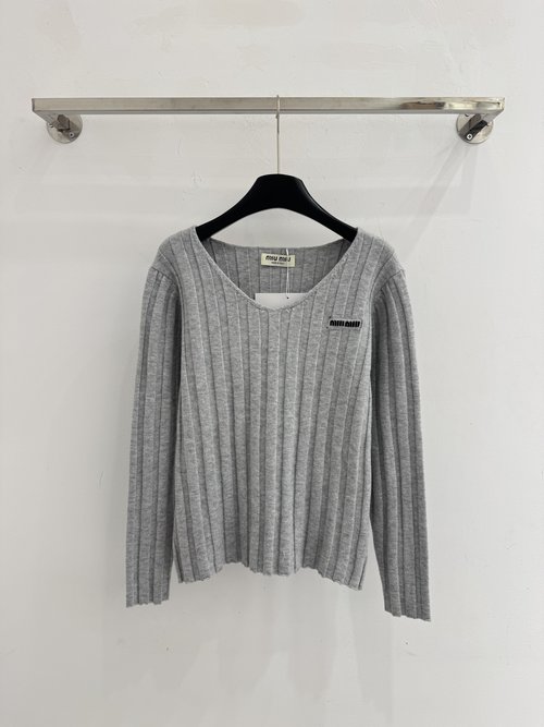 Miu Miu Gray V - Neck Striped Knit with Elastic and Drape