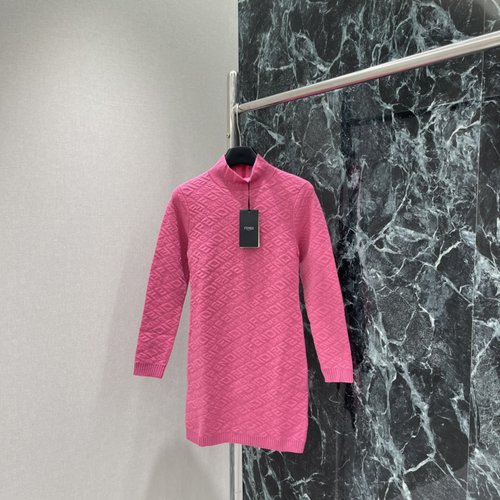 Fendi Knit Jacquard Dress with Geometric Texture and High Collar
