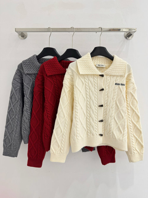 Miu Miu Retro Cable-Knit Cardigan with Black Horn Buttons