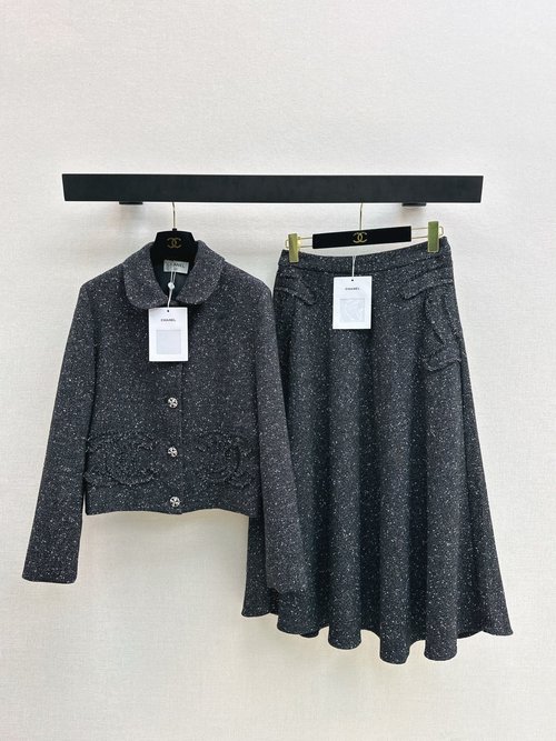 Chanel Black Tweed Coat with Double C Decoration at Collar