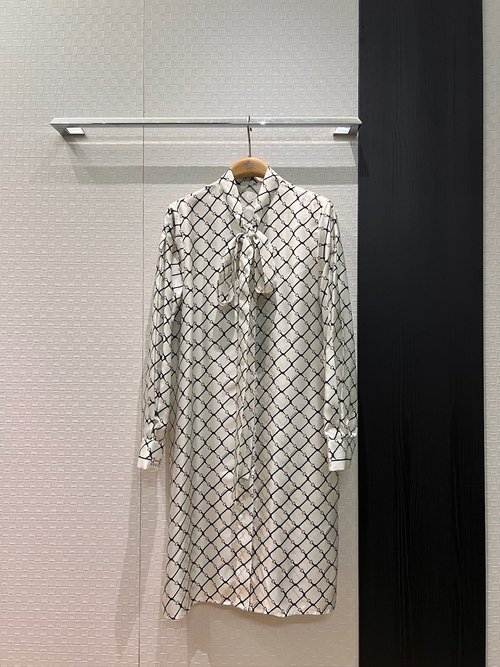 Gucci Horsebit Quilted Print Silk Twill Dress with Ribbon and Bowknot Decoration