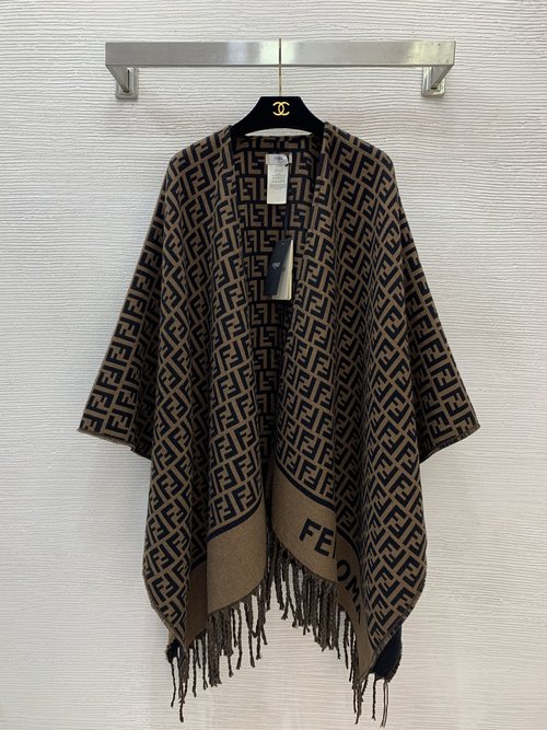 Fendi Luxury Brown Cashmere Shawl with Monogram and Tassel Edges