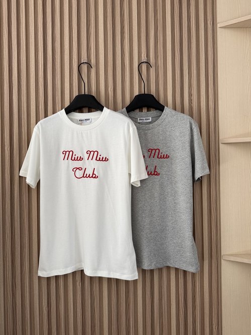 Miu Miu Retro Style Cotton Short-Sleeved T-Shirt with Red Letter Embroidery
