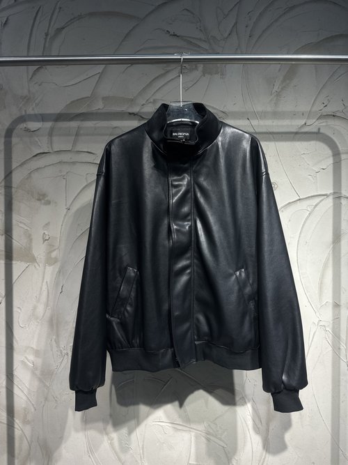 Balenciaga Letter-Embroidered Stand-Collar Flight Leather Jacket with Distinctive Design