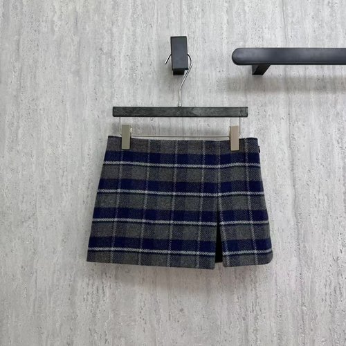 Miu Miu Checked Short Skirt with Split Design and Patchwork Embroidered Letters