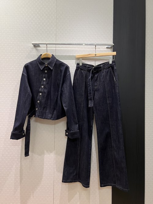 Loewe Irregular Hem Denim Jacket with Belt and Embroidered Logo, Elegant and Versatile